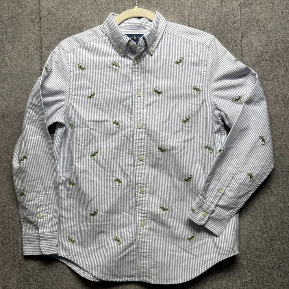Ralph Lauren Youth Shirt L 14-16 Button Down Blue White Stripe Gecko Embroidered